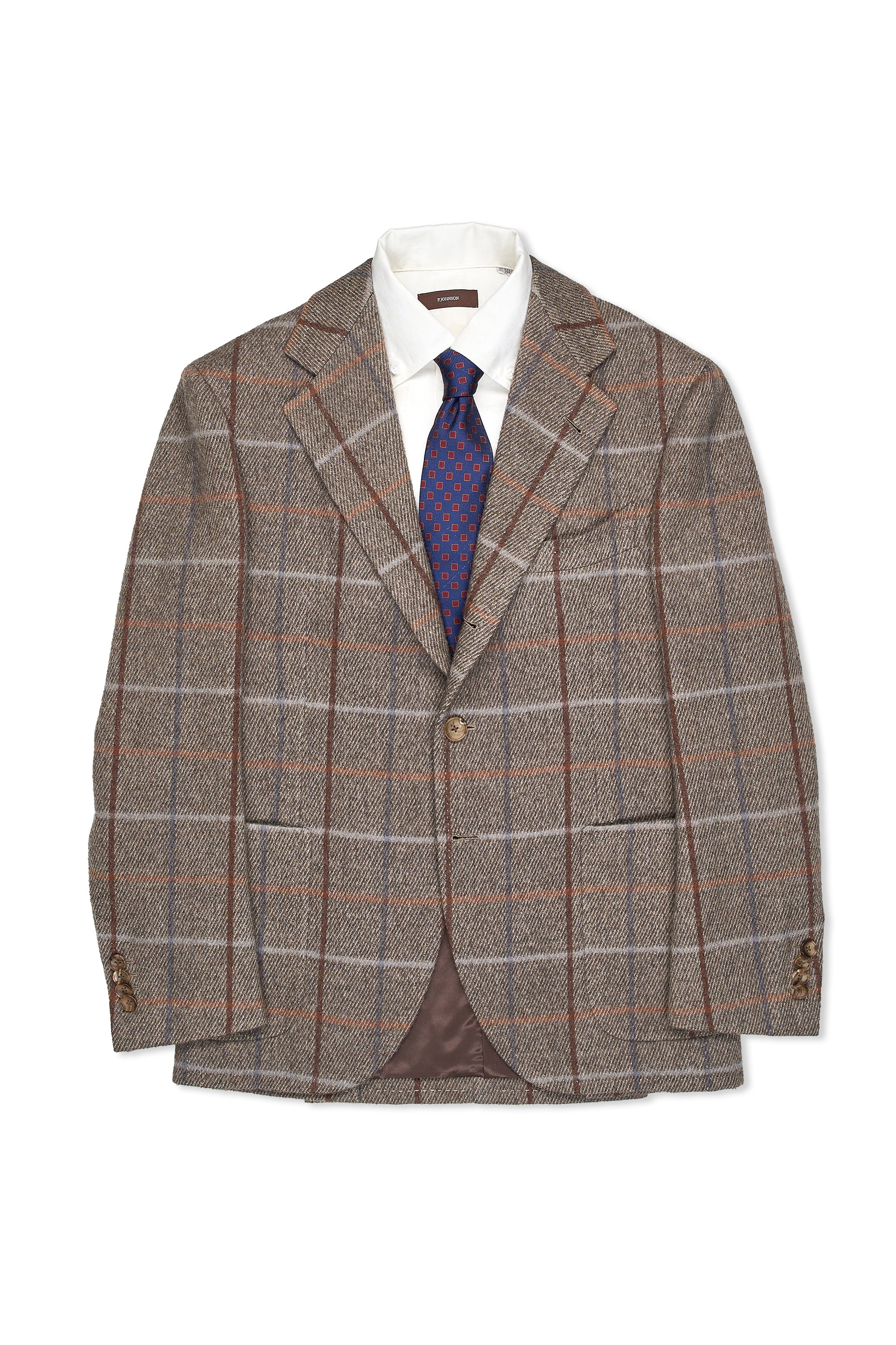 B&Tailor Brown with Orange/Blue Check Twill Wool Sport Coat MTM