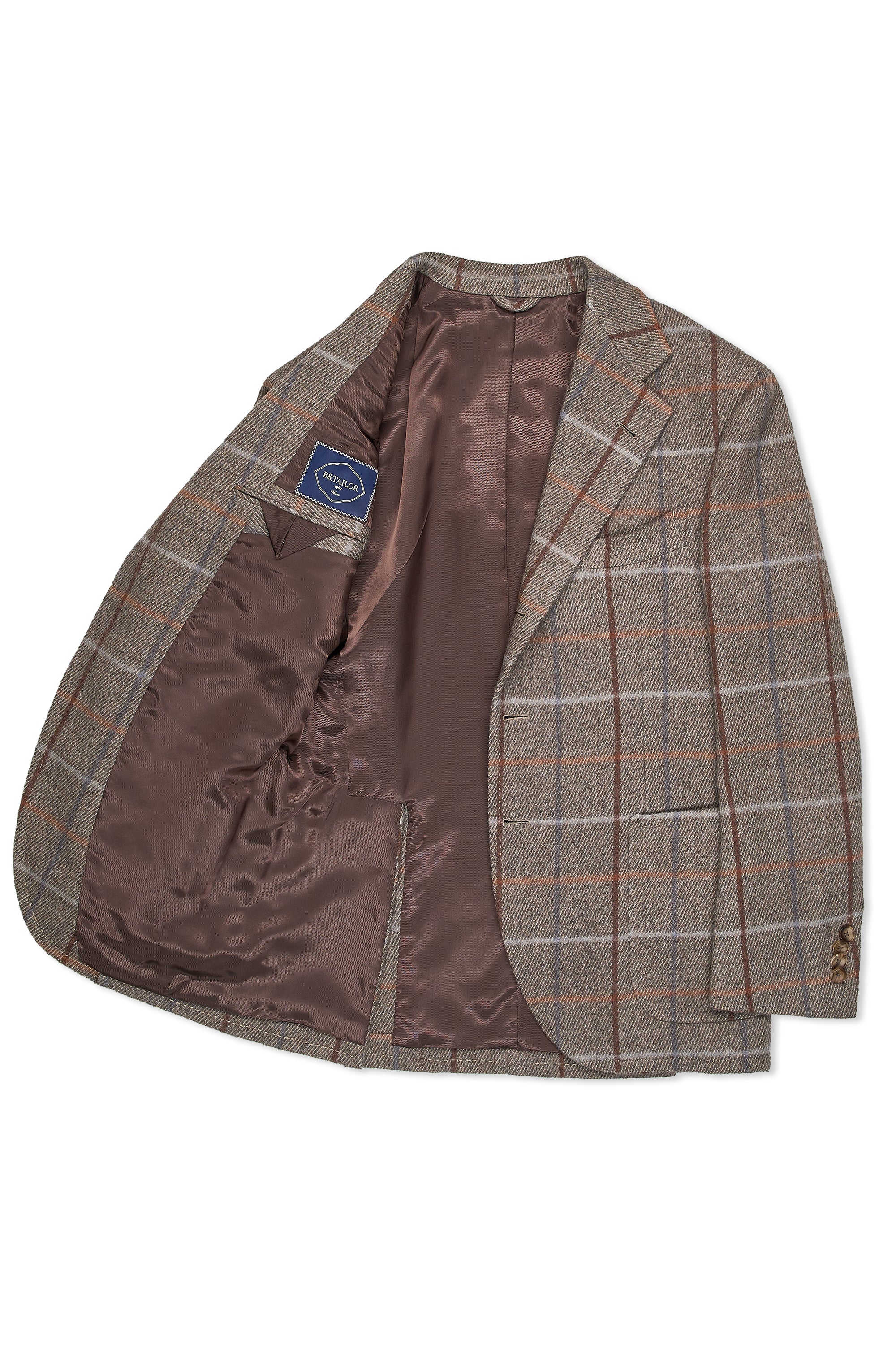 B&Tailor Brown with Orange/Blue Check Twill Wool Sport Coat MTM