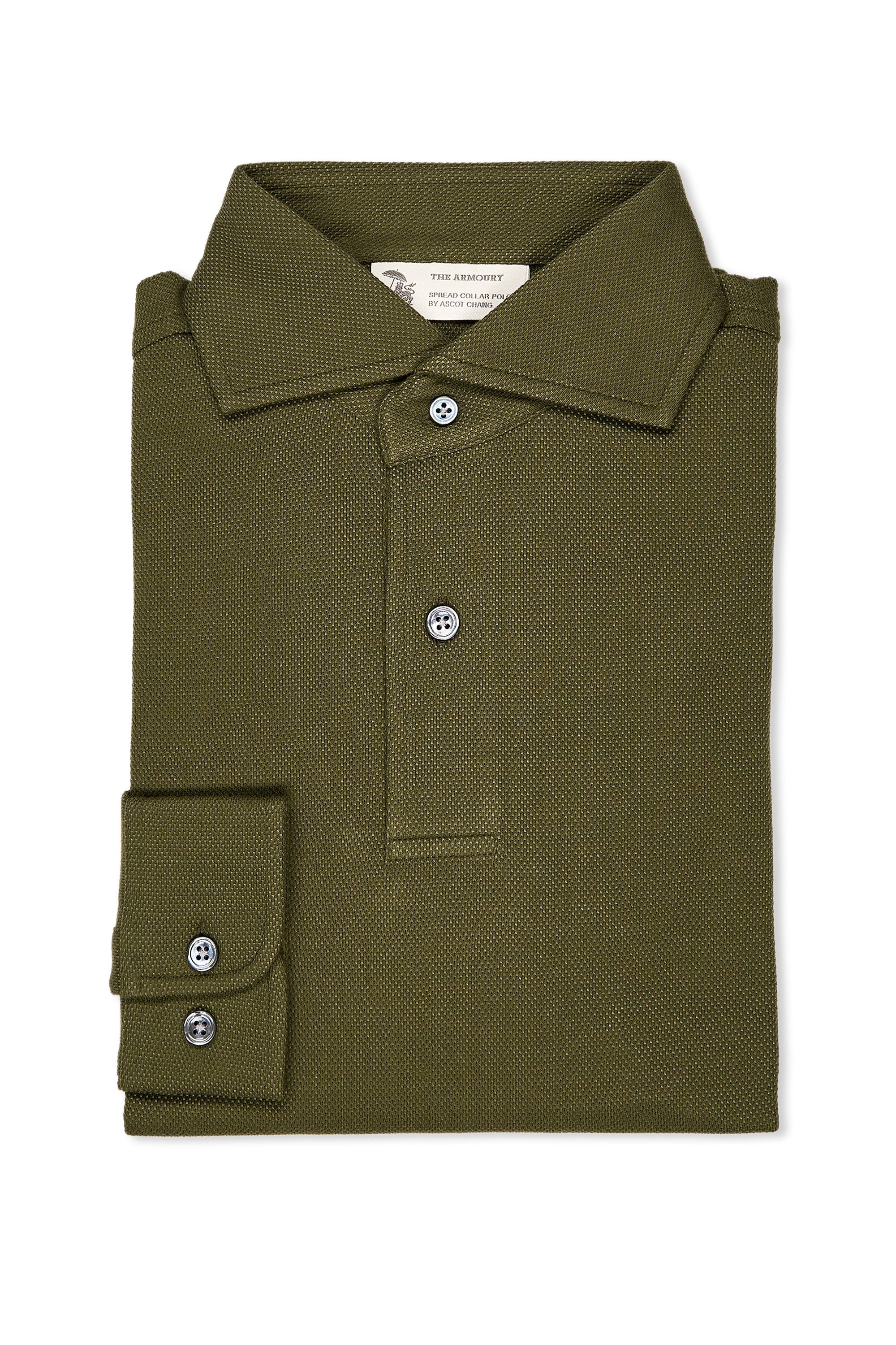 The Armoury Olive Cotton Pique Long Sleeve Spread Collar Polo
