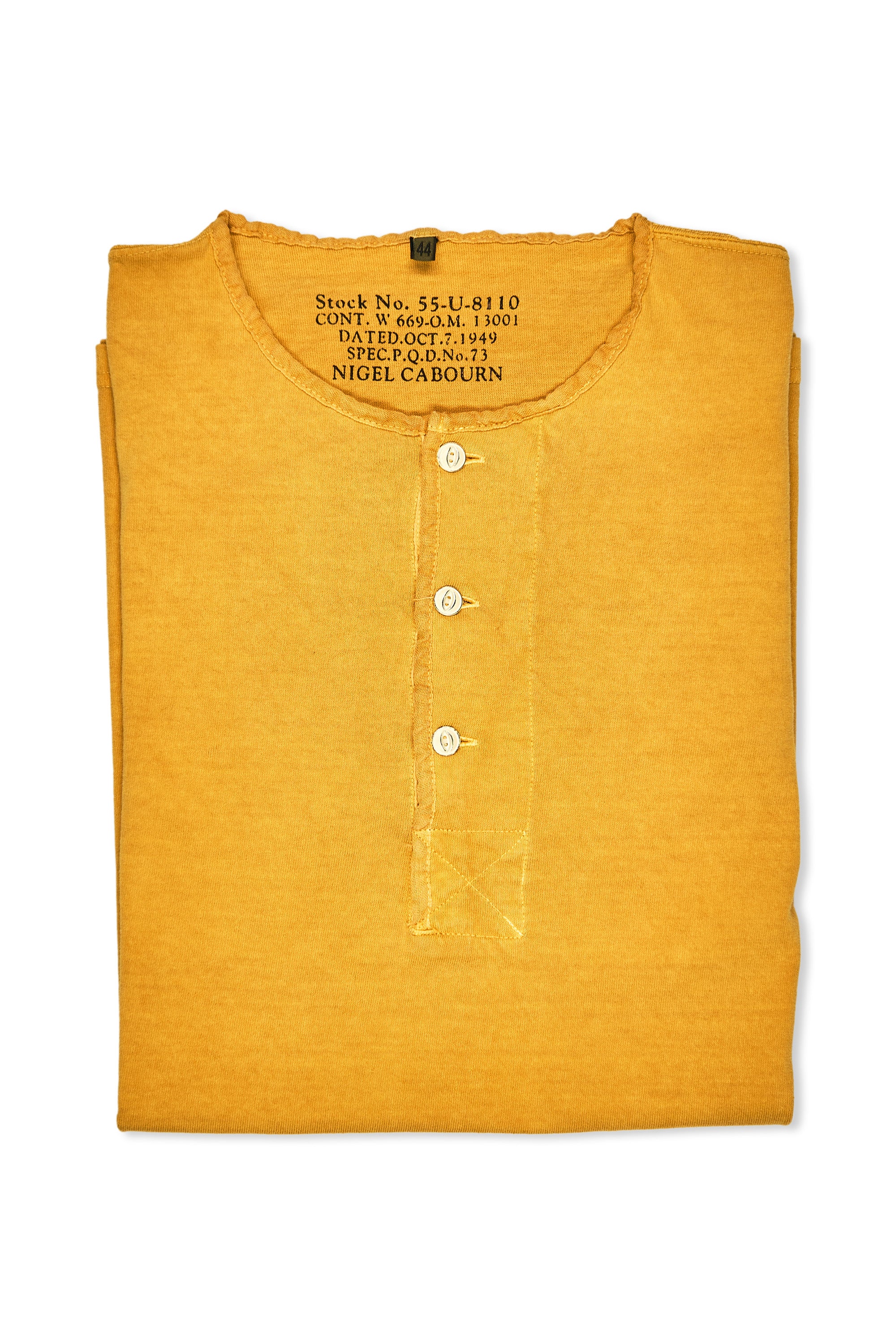 Nigel Cabourn Yellow 50s Henley Neck Cotton Pigment T-Shirt