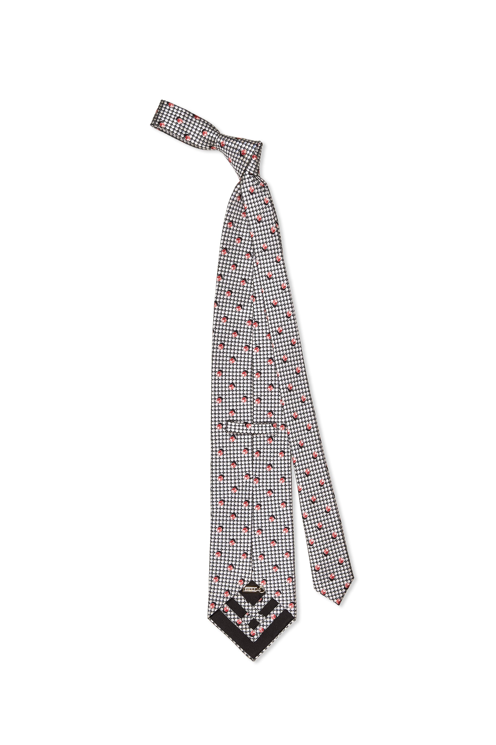 Zilli Black with Silver Circle and Red Cube Pattern Silk Tie