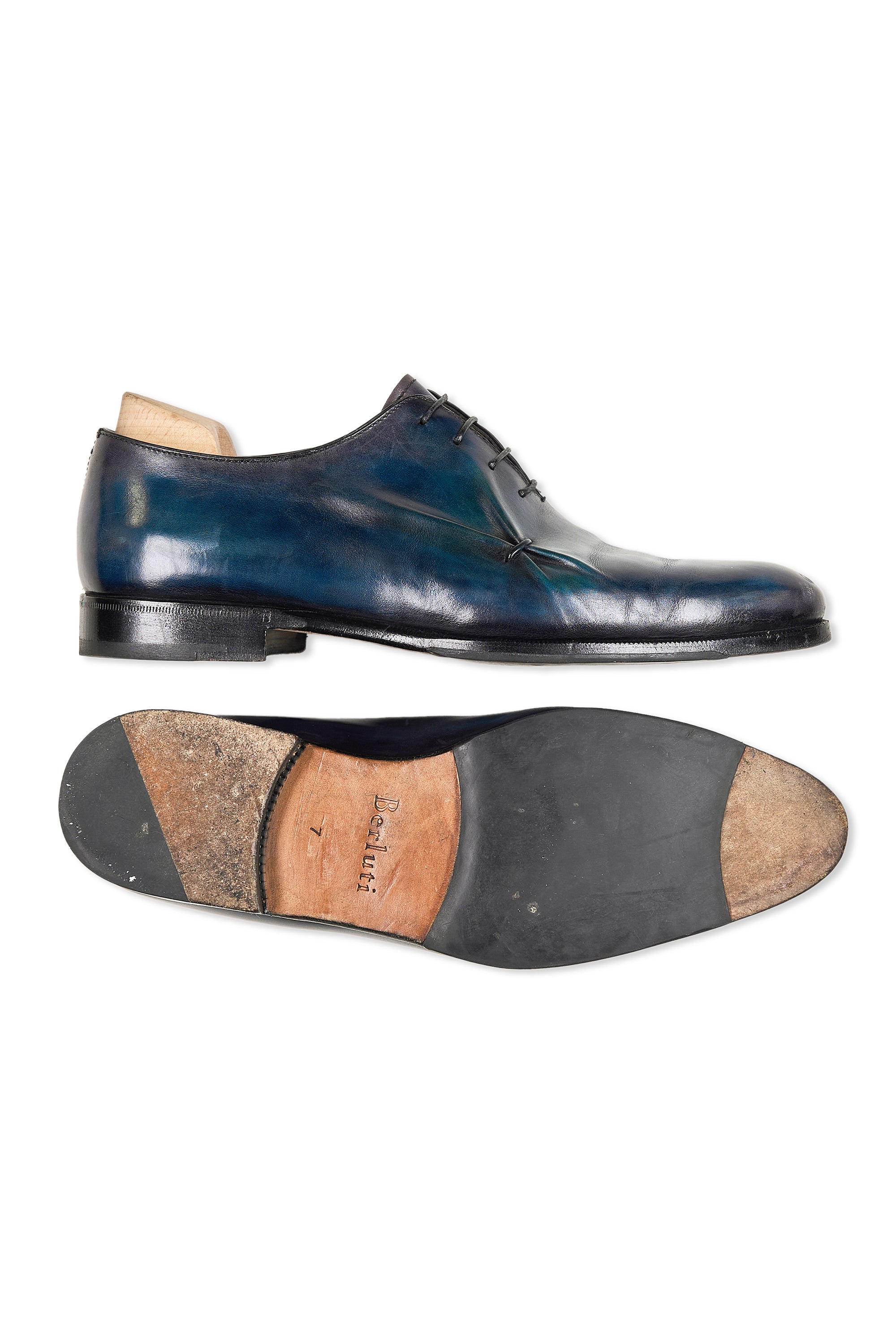 Berluti Blue Leather with Pleats Oxford Shoes