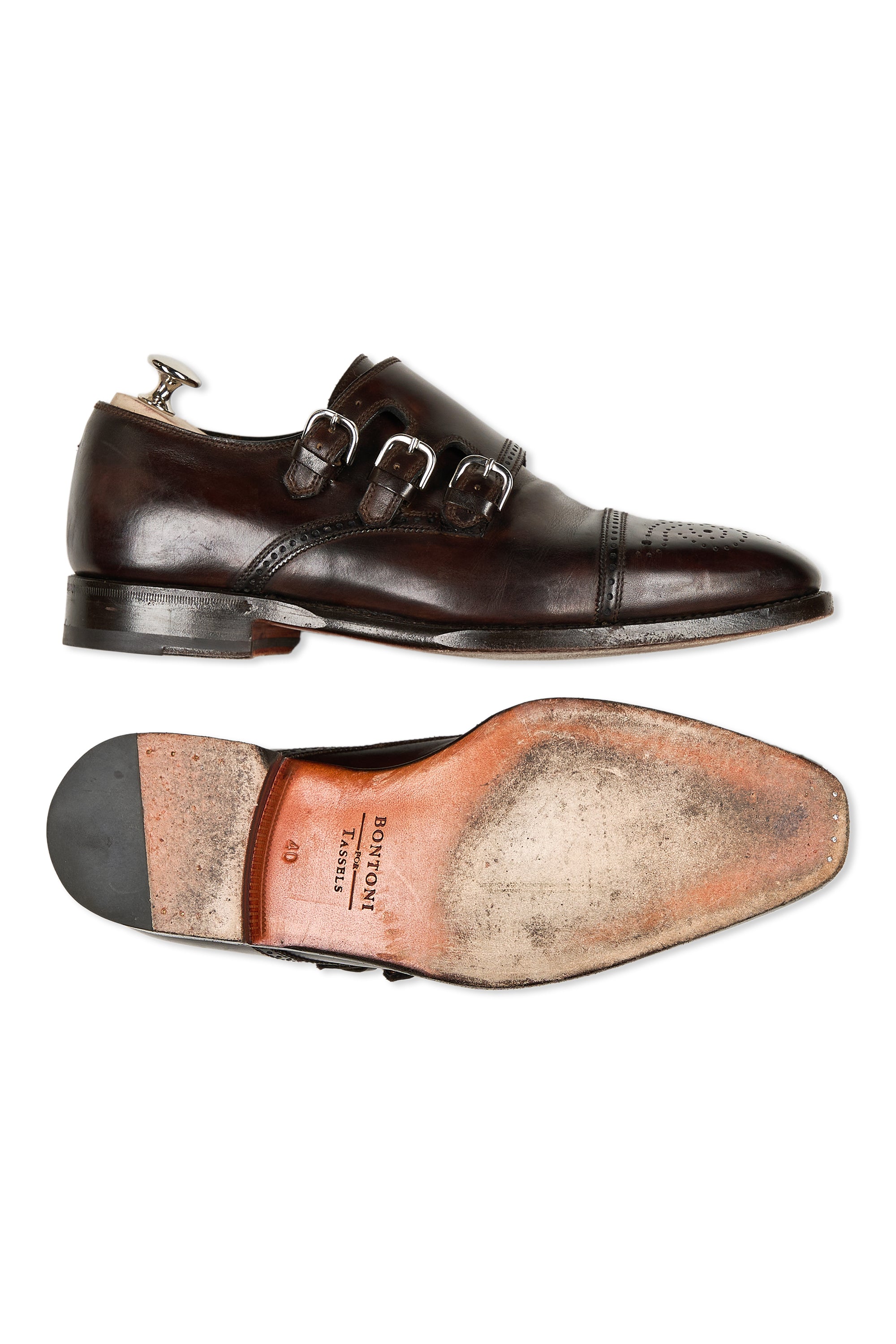 Bontoni Dark Brown Leather Semi-Brogue Triple Monk Shoes