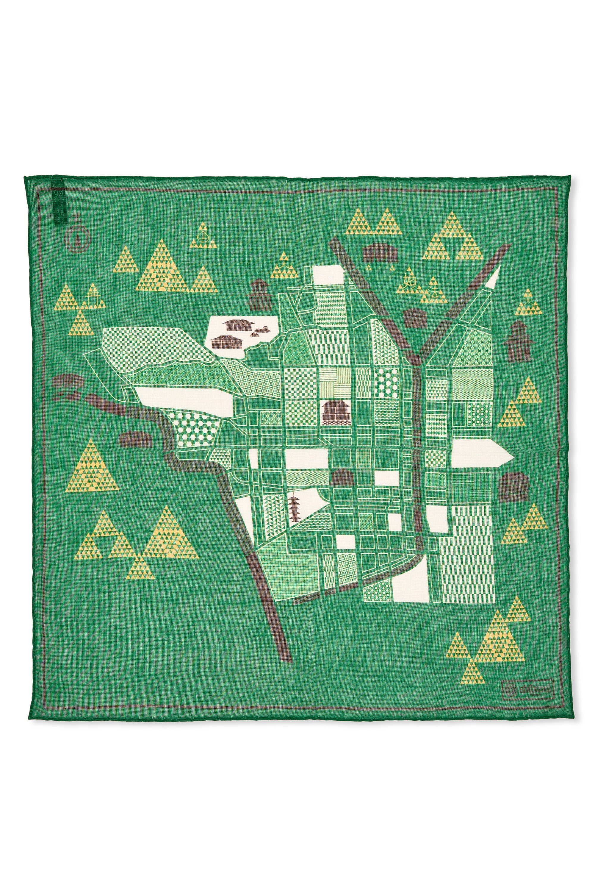 Shibumi Green with White/Brown/Yellow Map Pattern Cotton/Modal/Cashmere Pocket Square