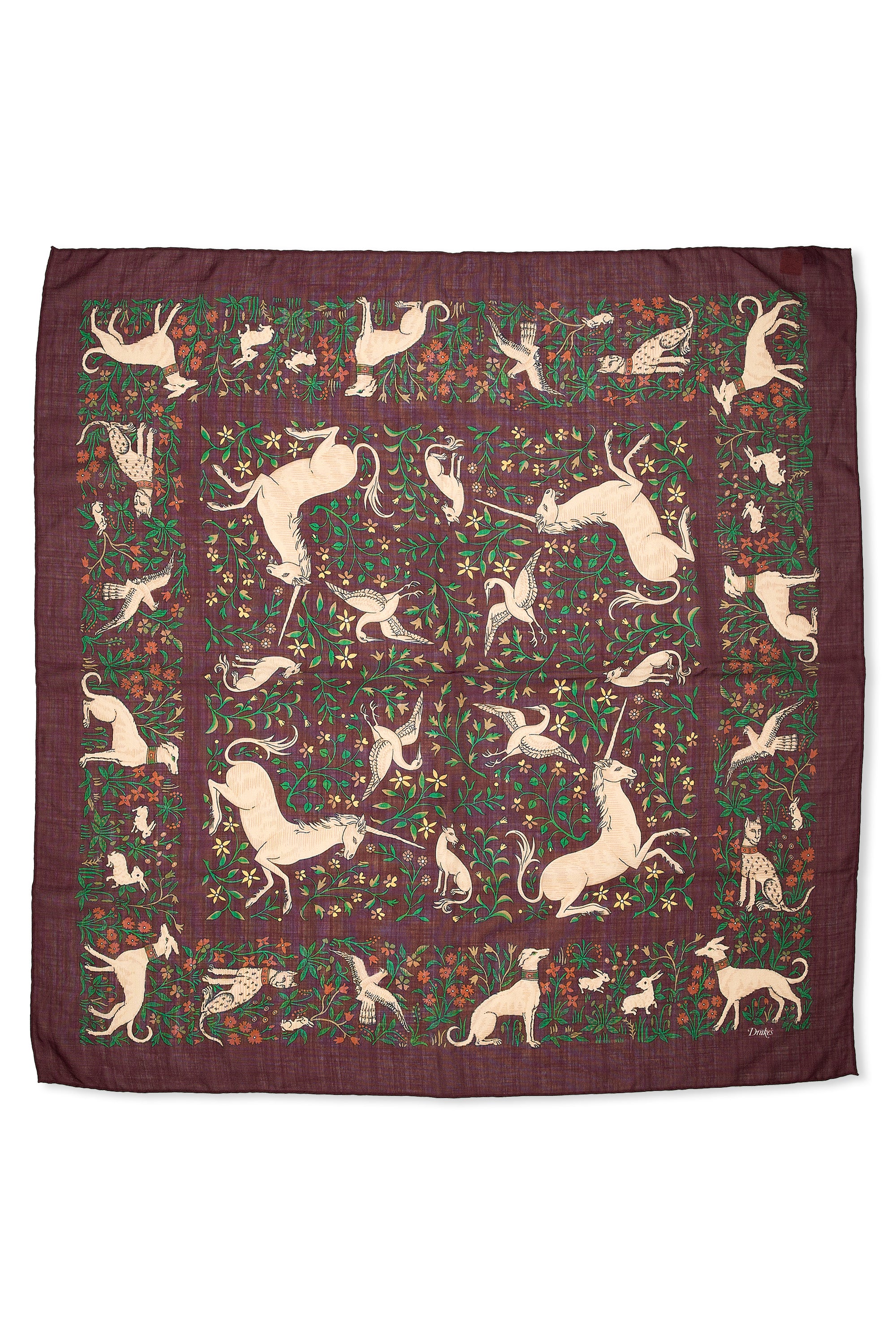 Drake's Plum with Brown/Green Animal Pattern Wool/Silk Scarf
