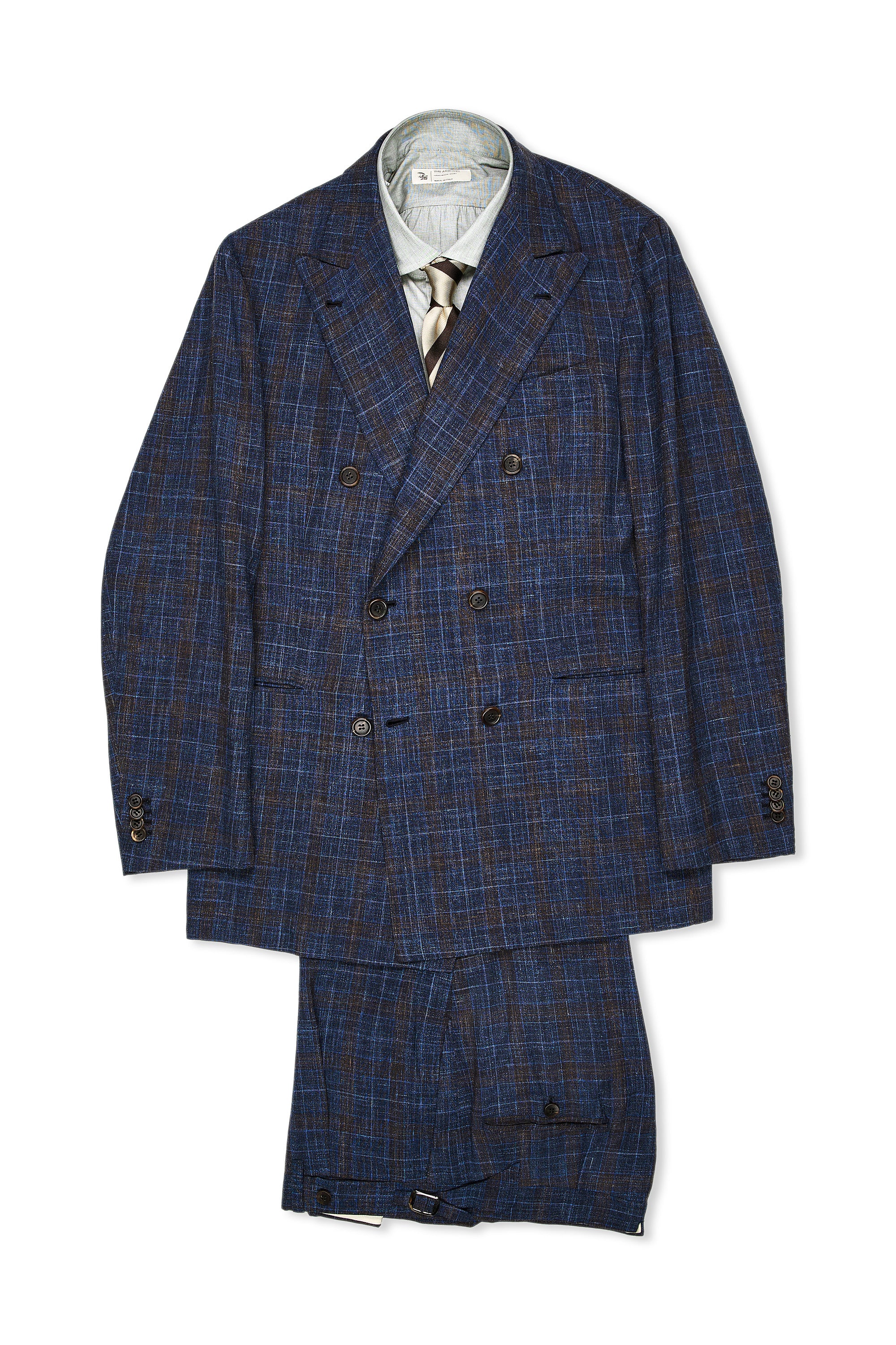 Orazio Luciano Blue/Brown Check Wool/Silk/Linen DB Suit