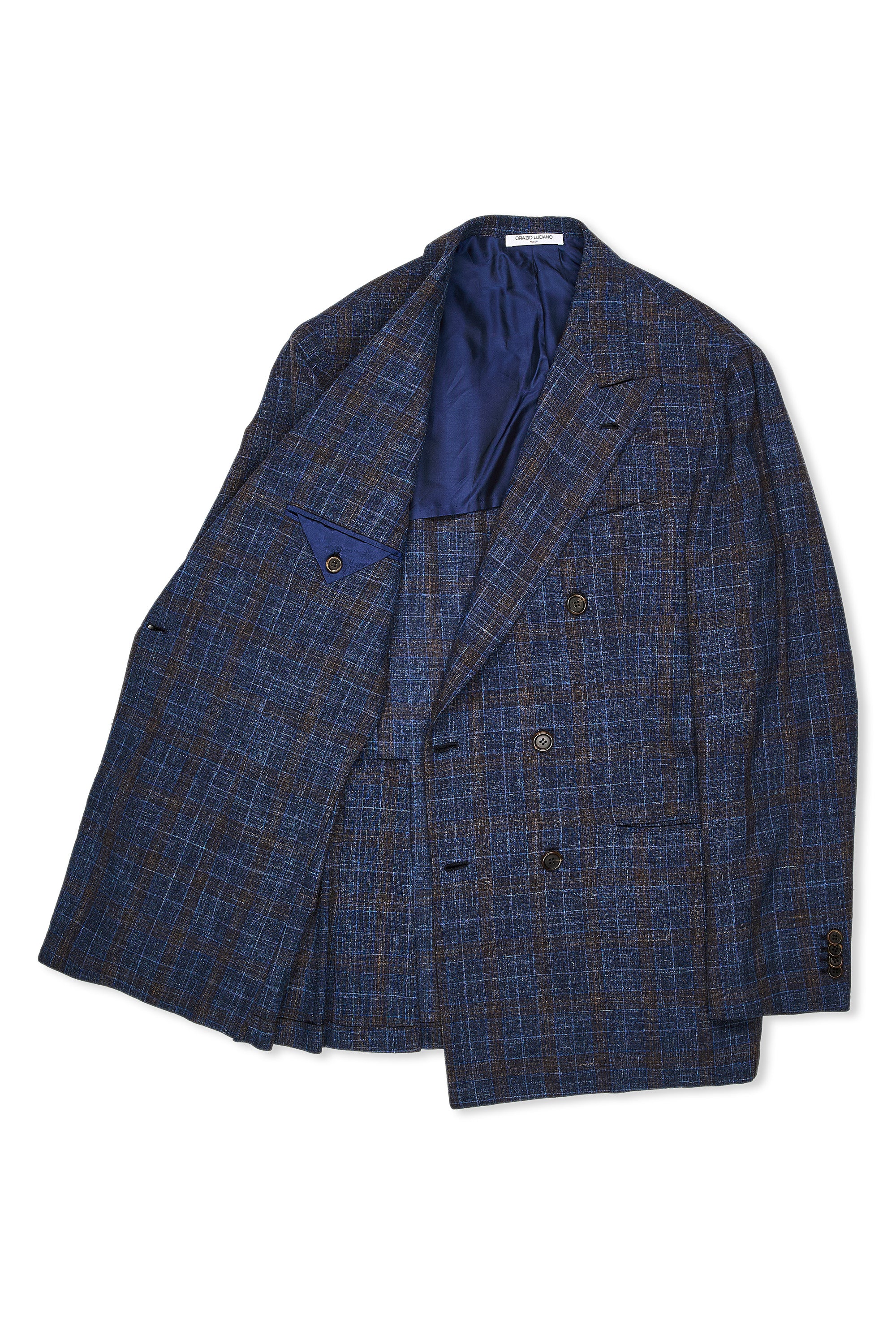 Orazio Luciano Blue/Brown Check Wool/Silk/Linen DB Suit