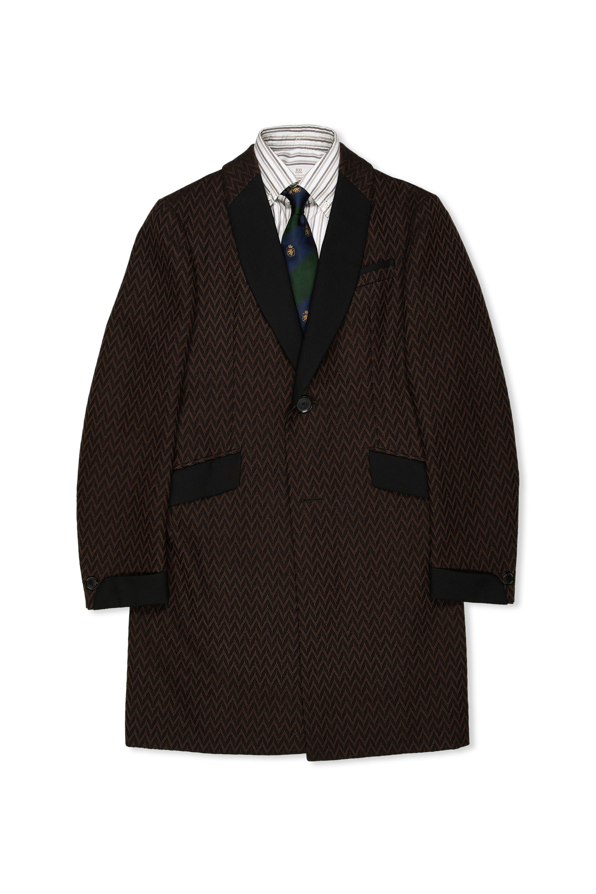 WW Chan Brown/Black Zigzag Jacquard Shawl Collar Overcoat