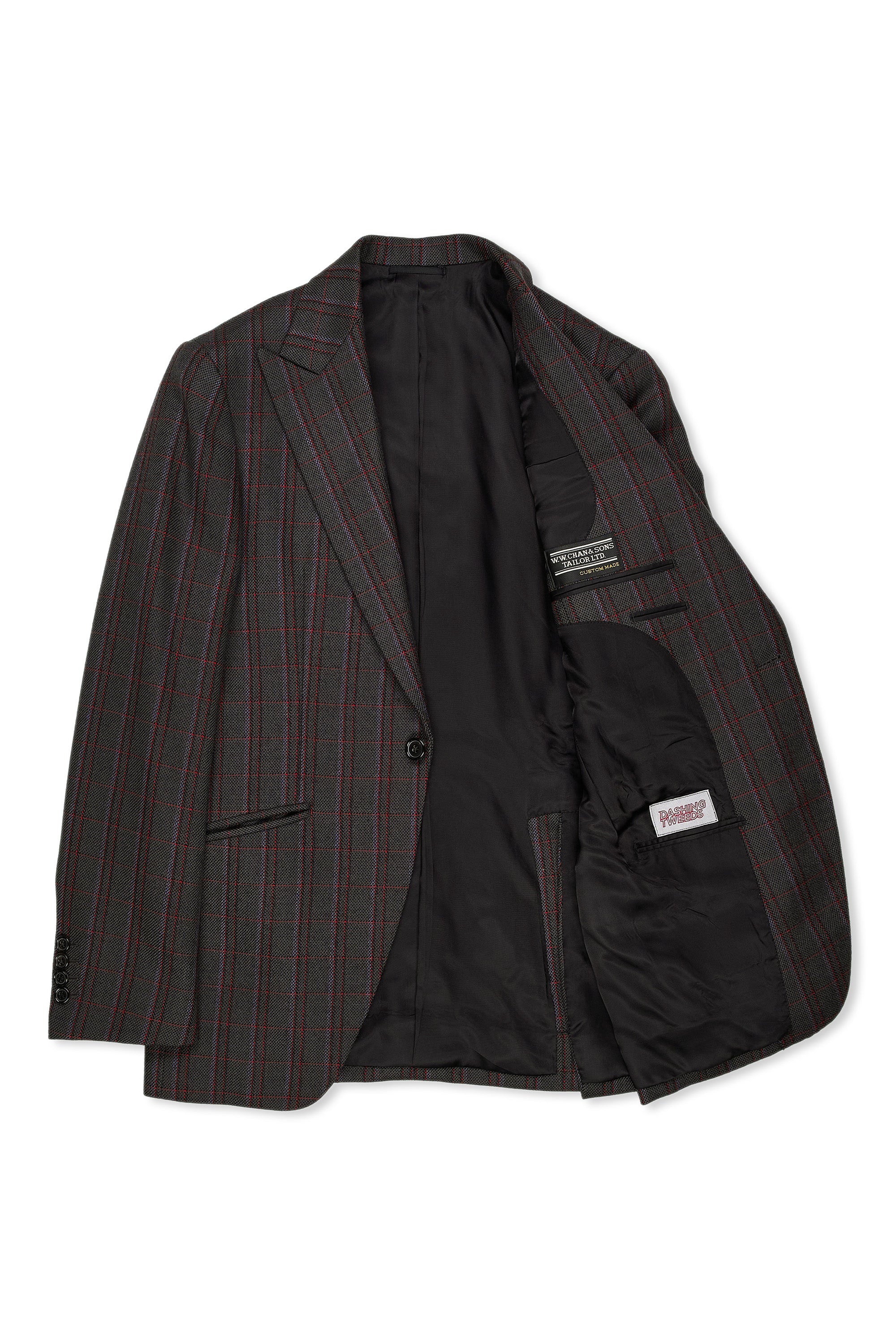 WW Chan Grey with Red/Purple Check Tweed Wool Suit Bespoke