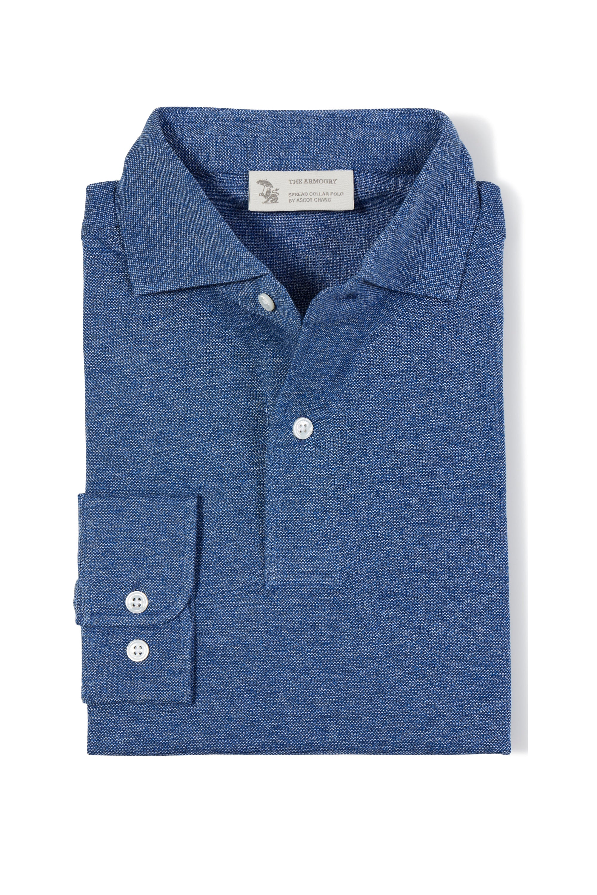 The Armoury Denim Blue Cotton Long Sleeve Spread Collar Polo